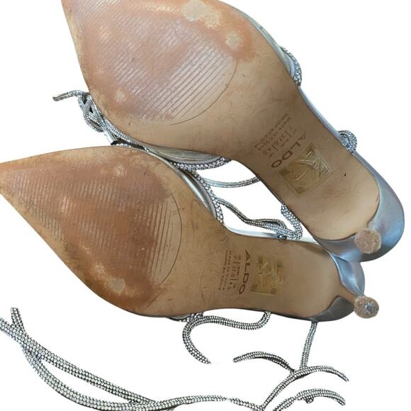 Aldo Halalia Silver Rhinestone Clear Point Bow Embellished Heels Pumps size 7 - Picture 11 of 12